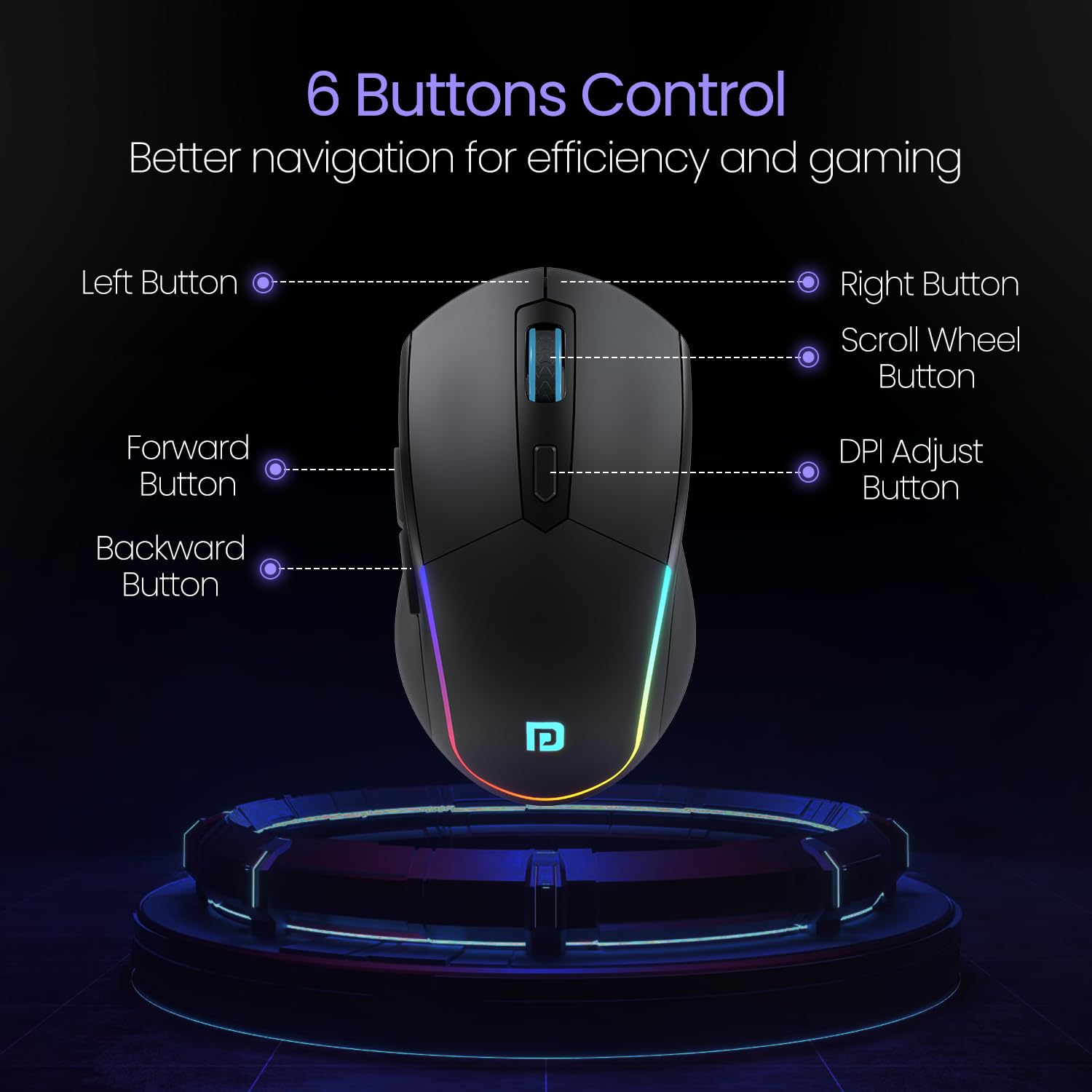 Portronics Toad One Bluetooth Mouse with 2.4 GHz & BT 5.3 Dual Wireless, 6 Buttons, Rechargeable, RGB Lights, Connect 3 Devices, Ergonomic Design for Laptop, Smartphone, Tablet (Black) - Image 2