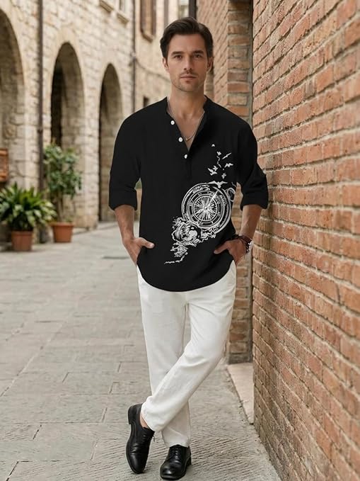 DEELMO Men's Cotton Blend Mandarin Collar Self One Design Full Sleeve Casual Short Kurta - Image 3