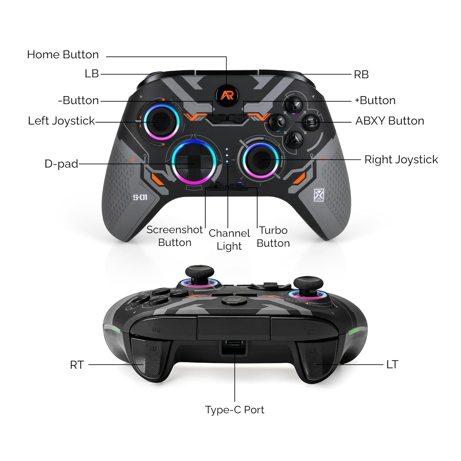 ARcNet Tri-Mode Wireless Gaming Controller with Hall Effect Joysticks & Triggers, 2.4G / Bluetooth/Wired Gamepad for PC, Windows 10/11, Laptop, Android, iOS & PS3, RGB, Anti-Drift (Black) - Image 2