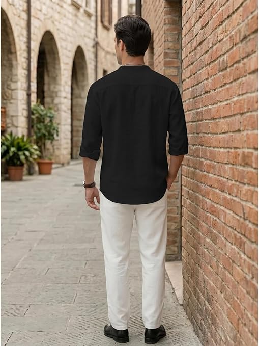 DEELMO Men's Cotton Blend Mandarin Collar Self One Design Full Sleeve Casual Short Kurta - Image 5