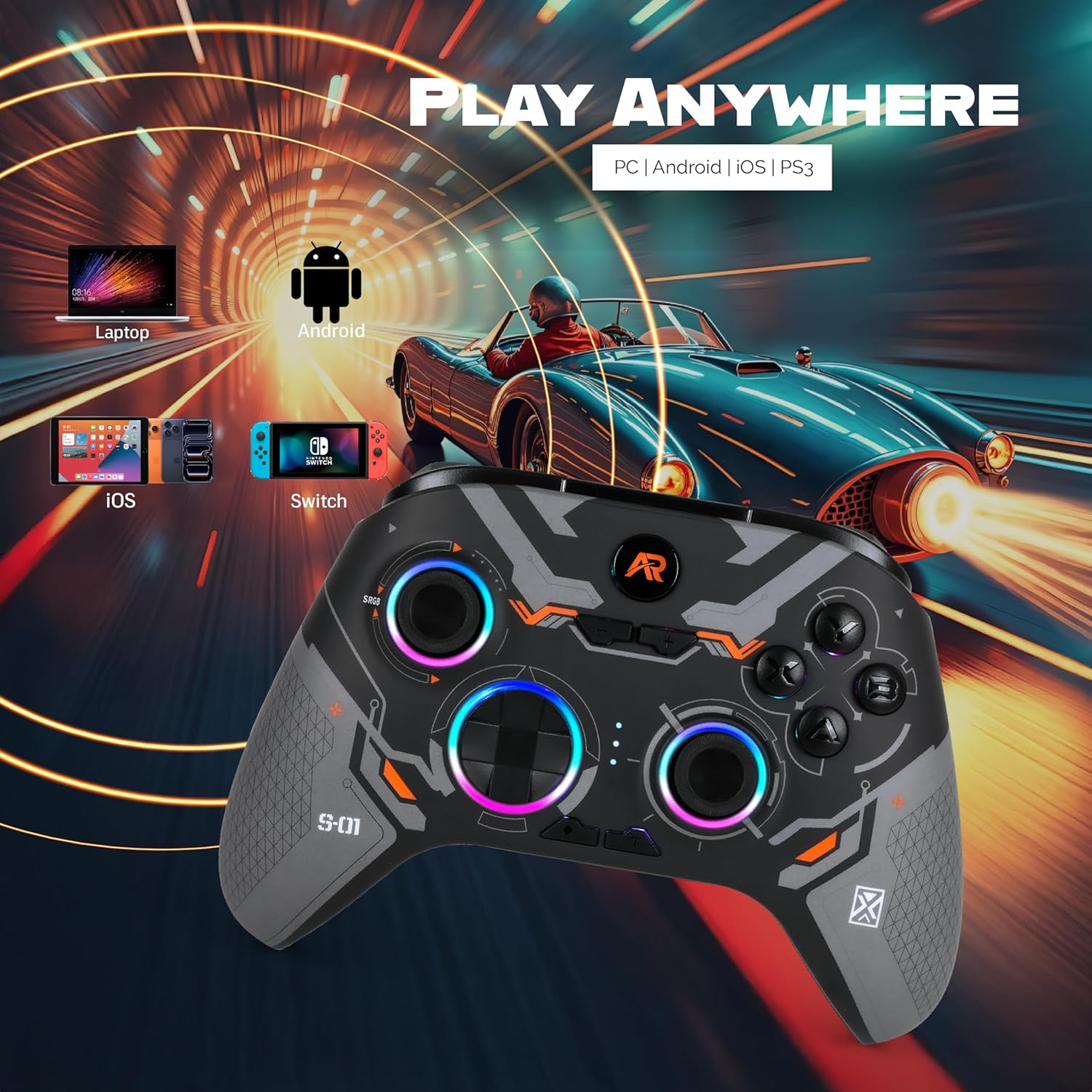 ARcNet Tri-Mode Wireless Gaming Controller with Hall Effect Joysticks & Triggers, 2.4G / Bluetooth/Wired Gamepad for PC, Windows 10/11, Laptop, Android, iOS & PS3, RGB, Anti-Drift (Black) - Image 4